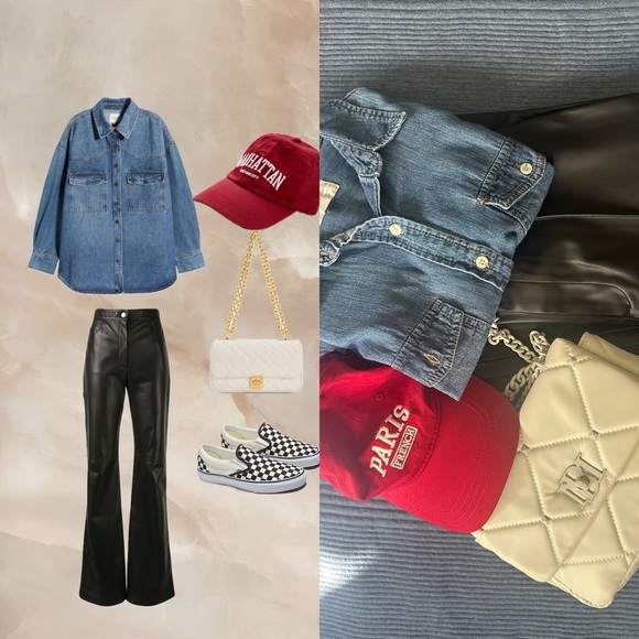 Universal Thread Denim - Denim top black leather pants SHEIN Paris red hat quilted white bag